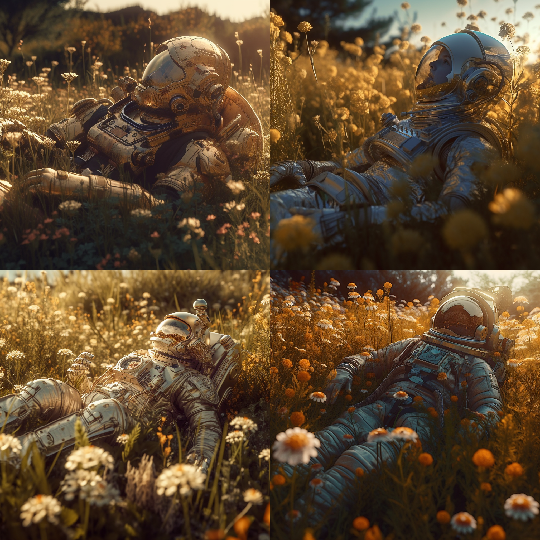 biomechanical astronaut lying in a meadow of f ... biomechanical astronaut lying in a meadow of f ...