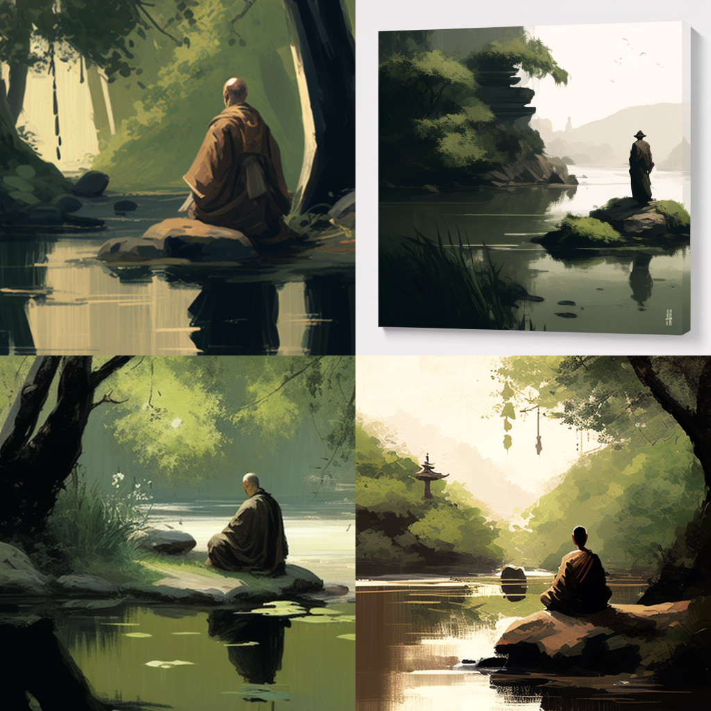 Monk, Zen Buddhism, tranquil riverside with lu ... Monk, Zen Buddhism, tranquil riverside with lu ...