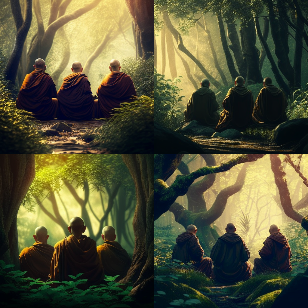 three monks sitting in the green forest at the ... three monks sitting in the green forest at the ...