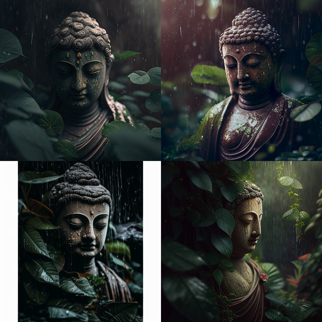 Buddha statue, surrounded by lush greenery, ra ... Buddha statue, surrounded by lush greenery, ra ...