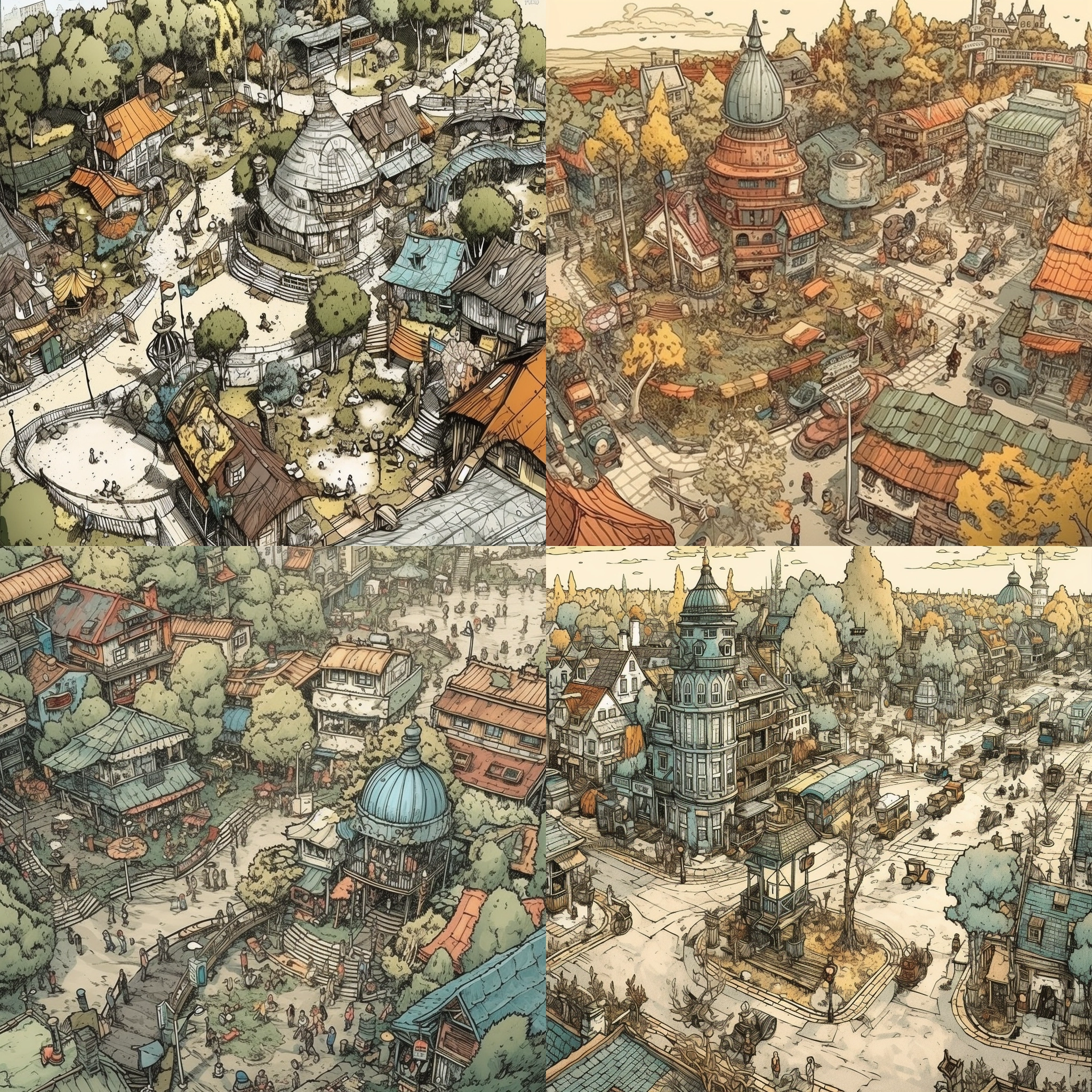 Chaotic hand-painted color sketch illustrations Vintage Park, bird's-eye view, illustrations by Erge and Tadi, tin tin comic style, pen and ink