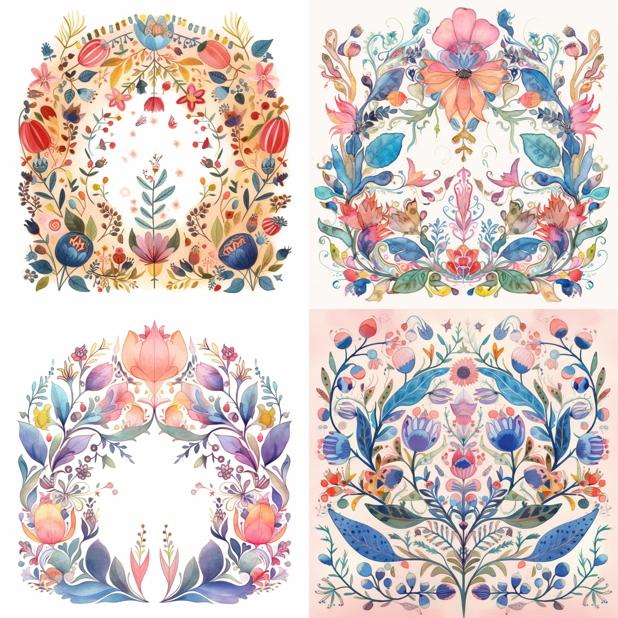 Flower frame symmetrical, on white background, pink, purple, peach, cream, blue, vibrant, loose, watercolour gouache textured paper, naive folk art, whimsical, Lilla Rogers agency illustrator, storybook style, subtle patterns, stripes
