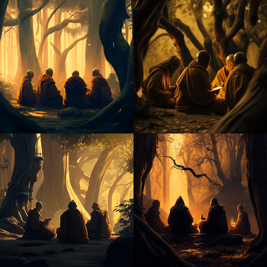 Group of monks seated in a tranquil forest, go ... Group of monks seated in a tranquil forest, go ...