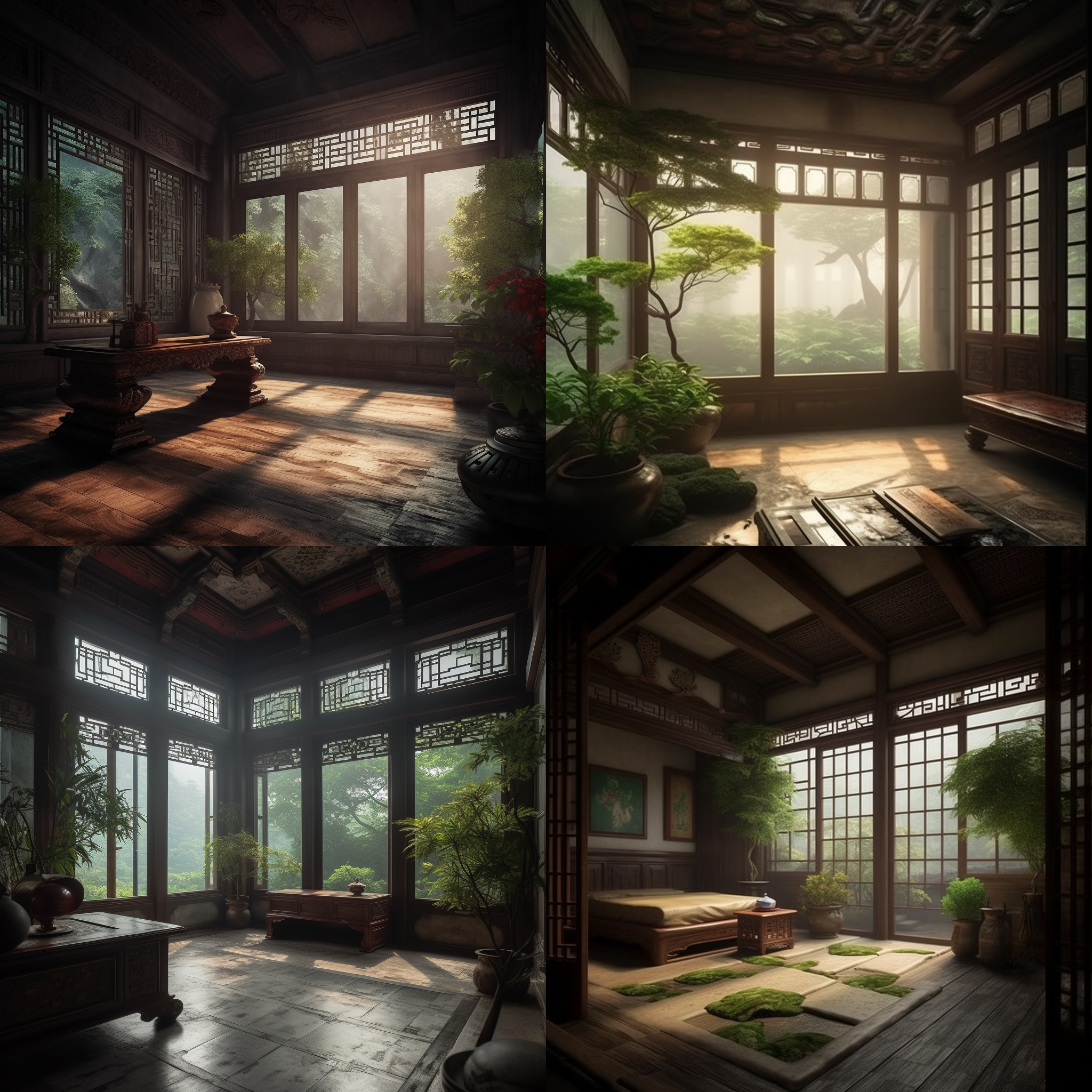 Chinese ancient style room, big windows, look  ...