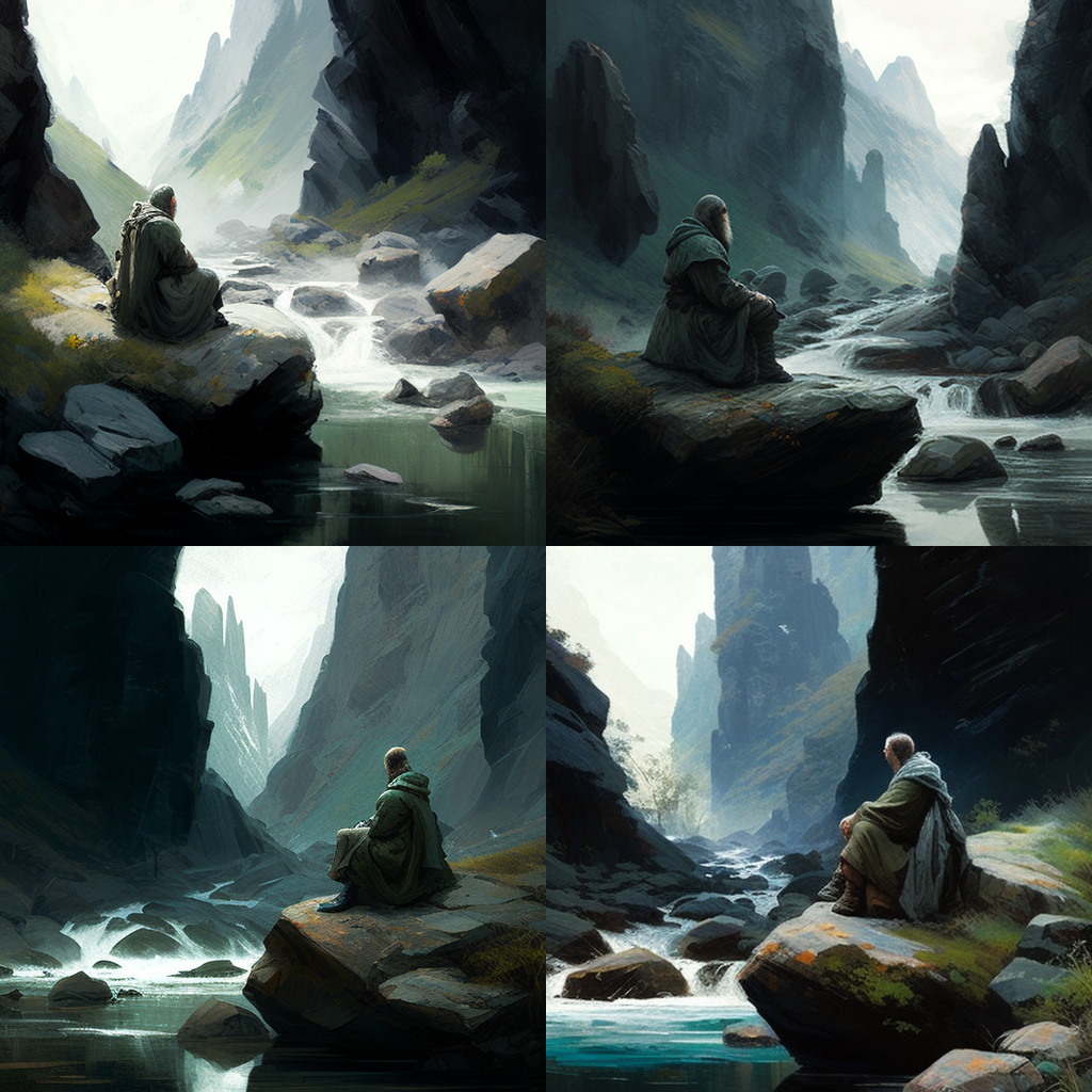 Monastic life, realism, misty mountain river w ... Monastic life, realism, misty mountain river w ...