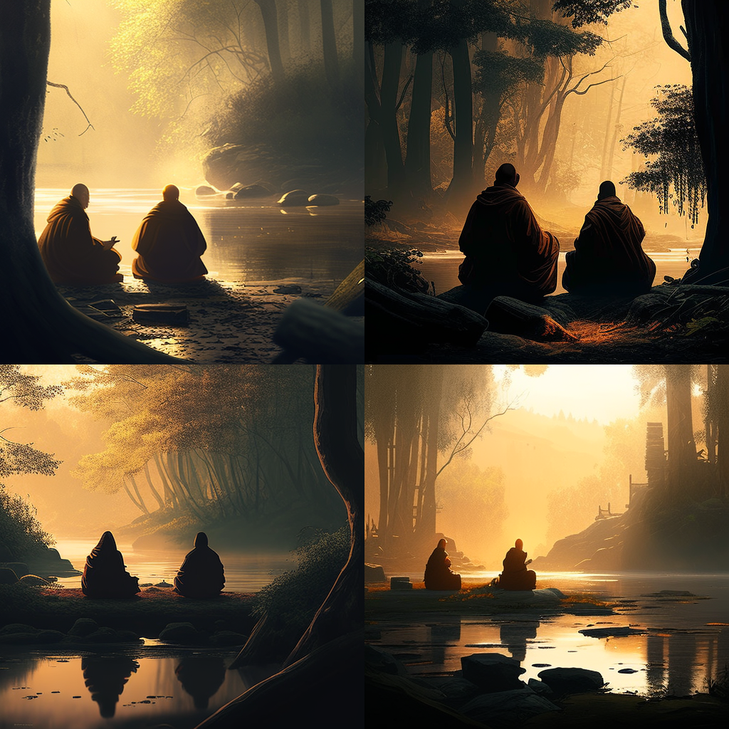 Meditating monks in the forest, backlit sunlig ... Meditating monks in the forest, backlit sunlig ...