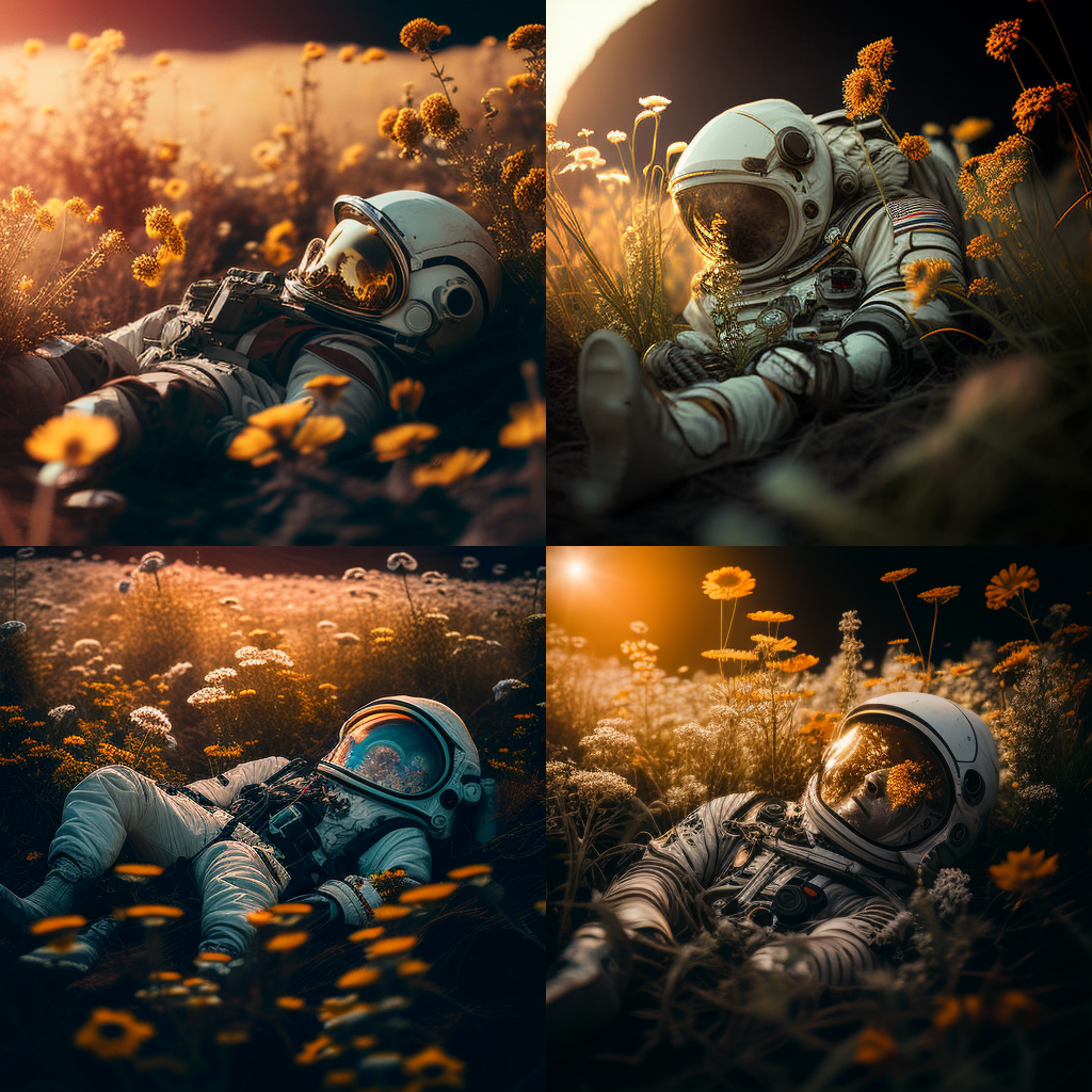 biomechanical astronaut lying in a meadow of f ... biomechanical astronaut lying in a meadow of f ...