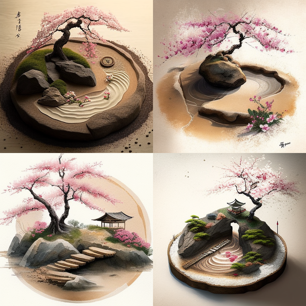 Zen rock garden, raked sand, small bridge, che ... Zen rock garden, raked sand, small bridge, che ...
